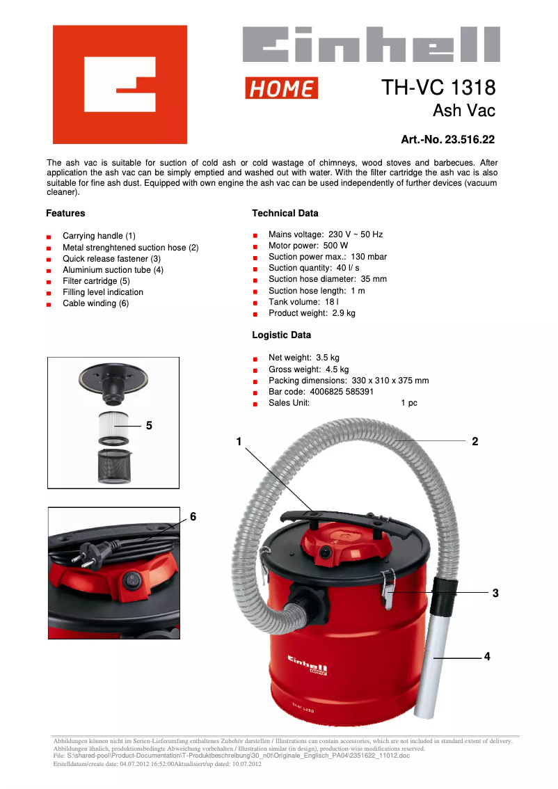 Página 1 del manual Ficha técnica Einhell TH-VC 1318
