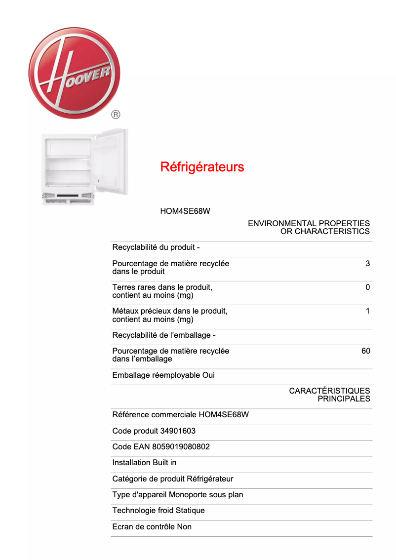 Page 1 de la notice Fiche technique Hoover HOM4SE68W