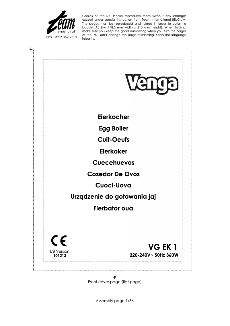 Image de la première page du manuel de l'appareil VG EK 1