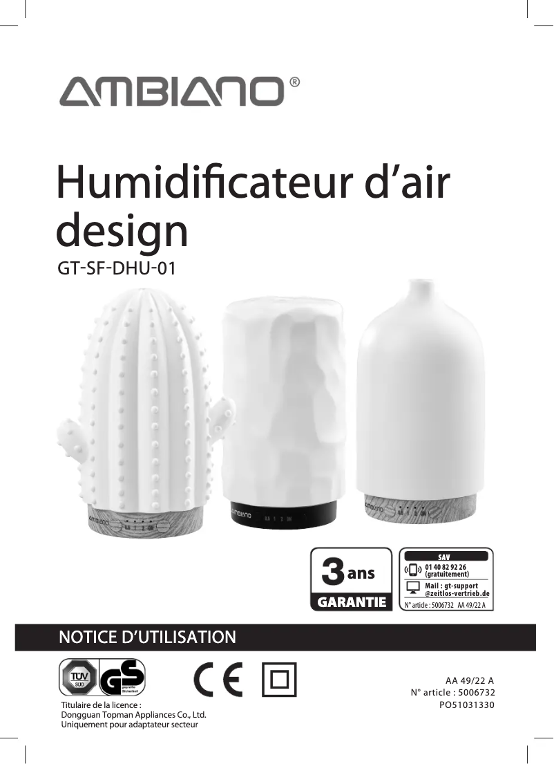 Page n°1 - Manuel utilisateur Ambiano GT-SF-DHU-01