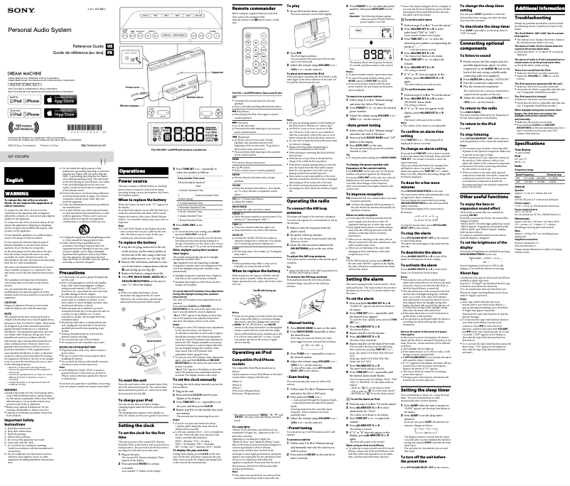 Page 1 de la notice Manuel utilisateur Sony ICF-CS15iPN