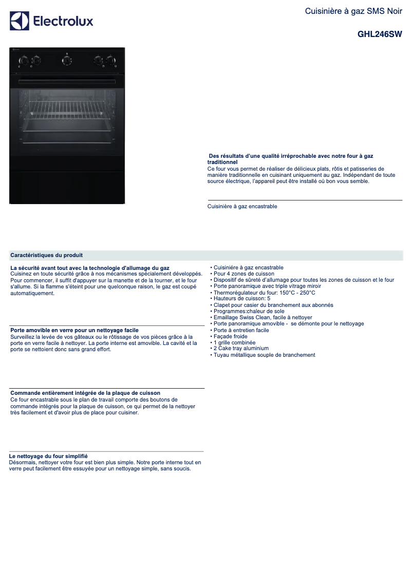 Page 1 de la notice Fiche technique Electrolux GHL246SW