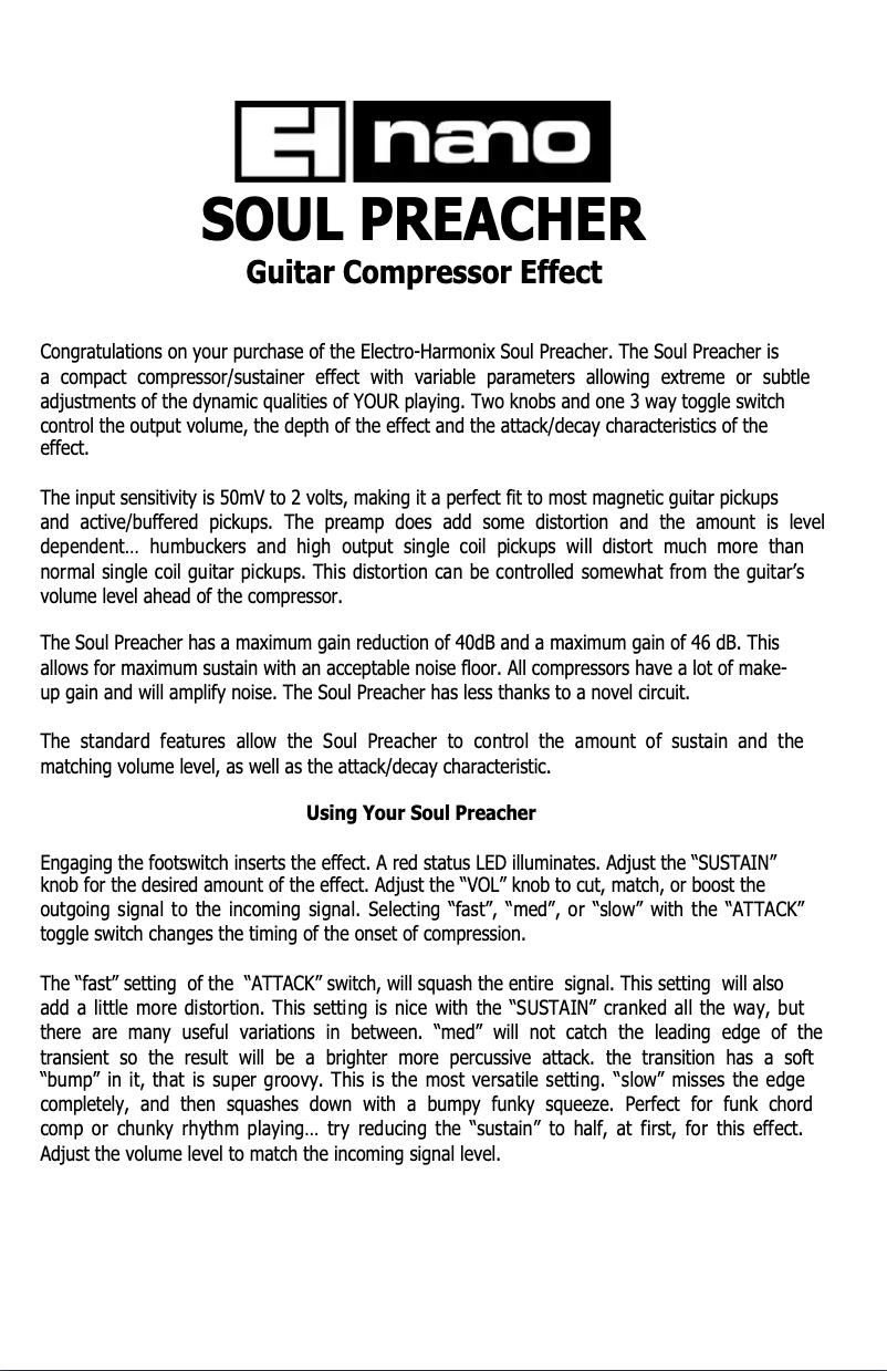 Page n°1 - Manuel utilisateur Electro Harmonix Soul Preacher