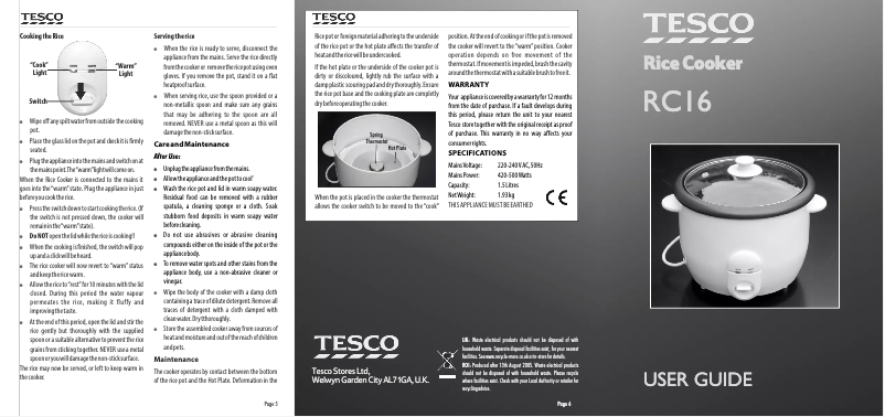 Page 1 de la notice Manuel utilisateur Tesco RC16