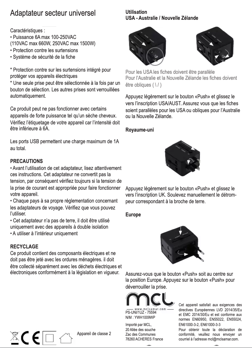 Page n°1 - Manuel utilisateur MCL PS-UNI/1UZ