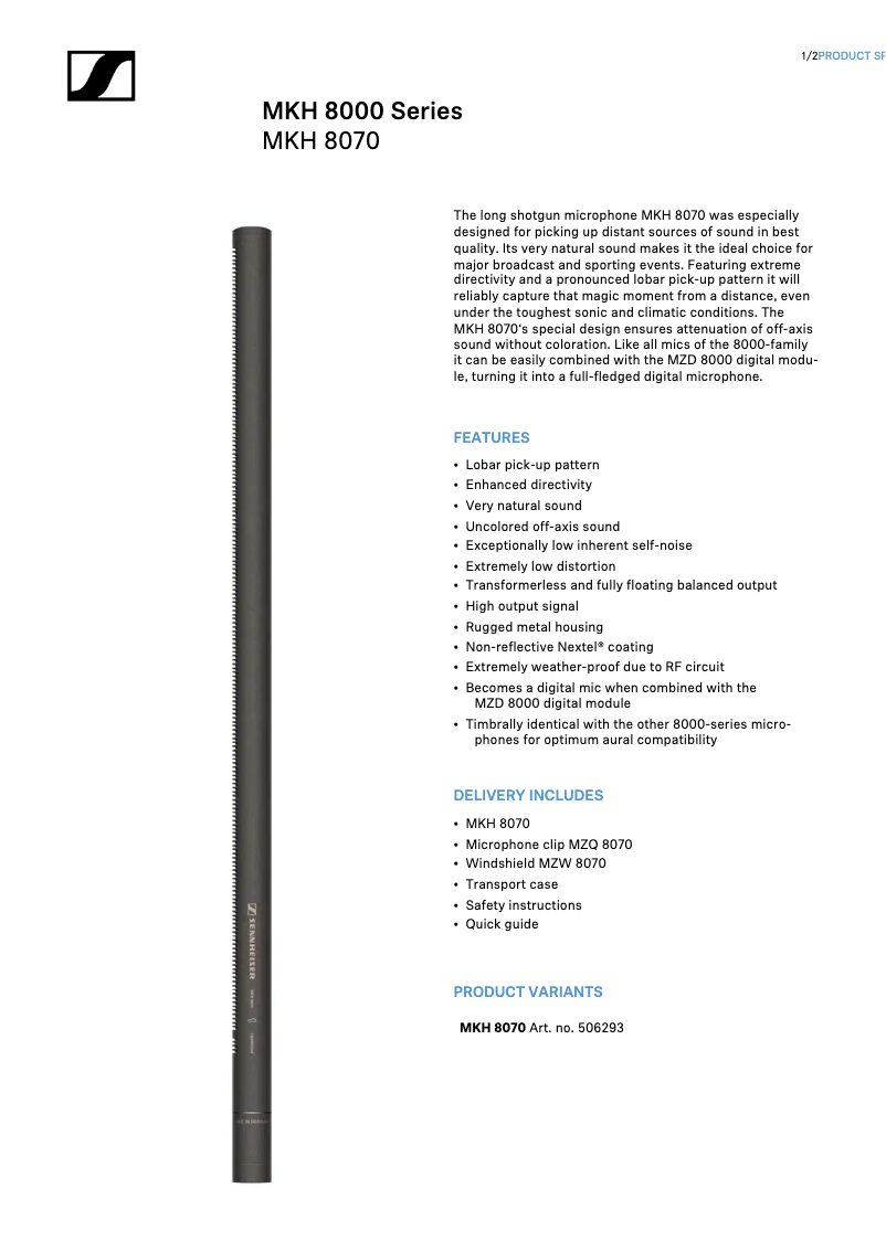 Page n°1 - Fiche technique Sennheiser MKH 8070