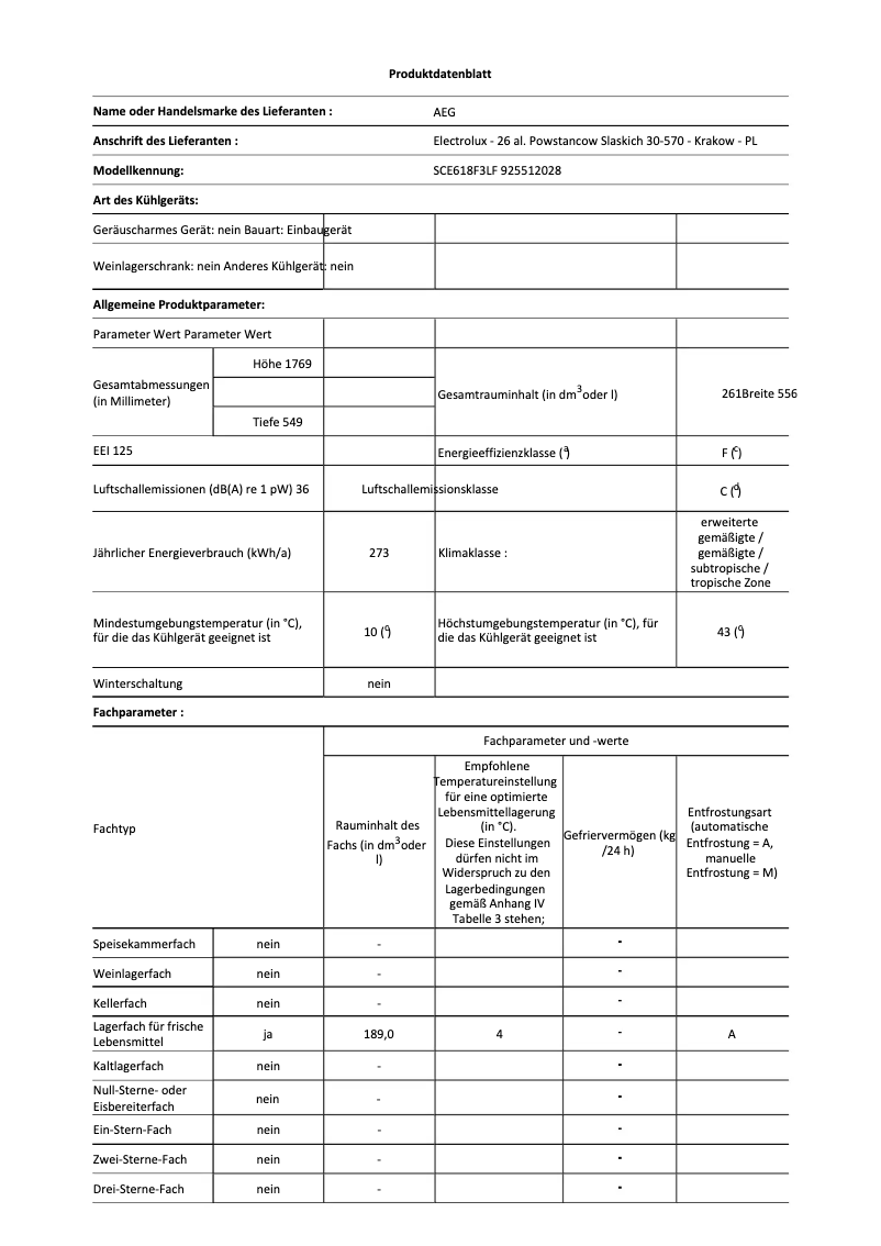 Page 1 de la notice Fiche technique AEG SCE618F3LF
