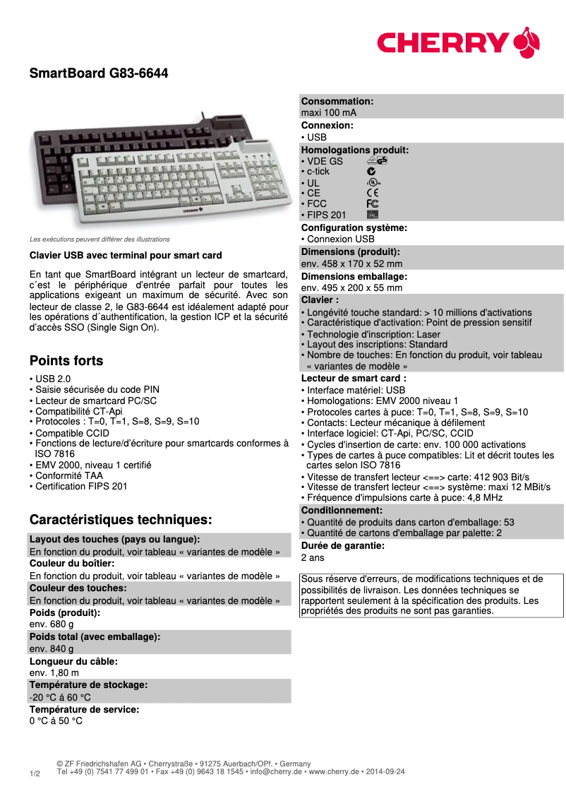 Page 1 de la notice Fiche technique Cherry SmartBoard G83-6644