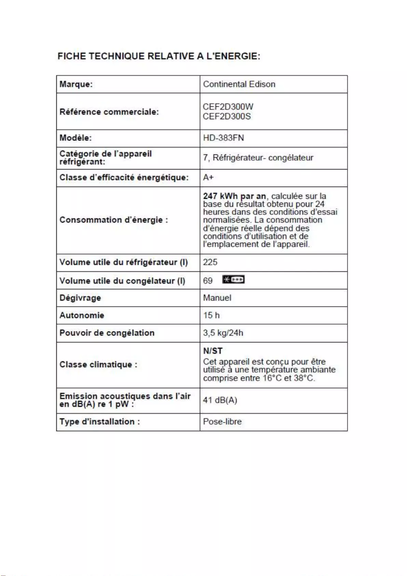 Page 1 de la notice Label énergétique Continental Edison CEF2D300W