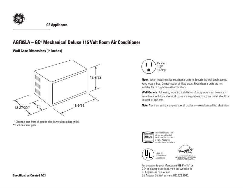 Page n°1 - Fiche technique GE AGF05LA