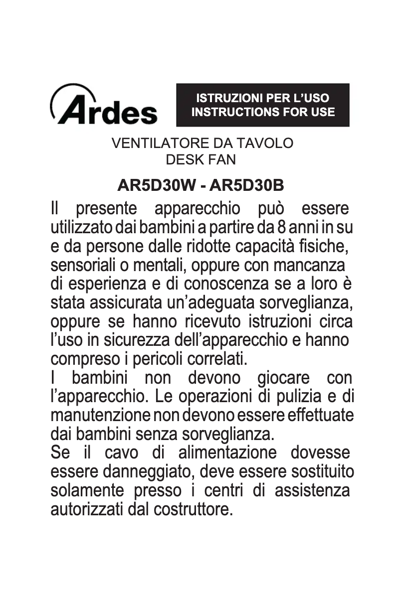 Page 1 de la notice Manuel utilisateur Ardes AR5D30W