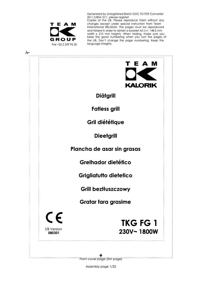Page n°1 - Manuel utilisateur Kalorik TKG FG 1