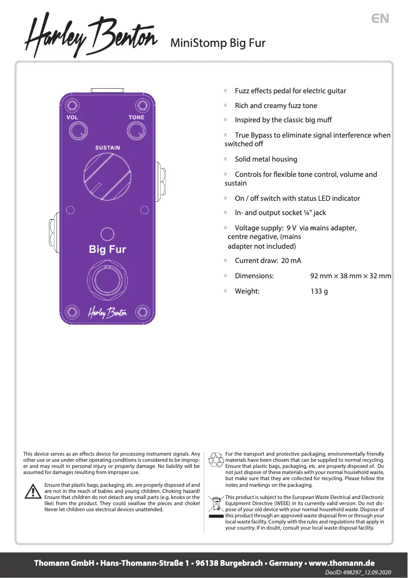 Page 1 de la notice Manuel utilisateur Harley Benton MiniStomp Big Fur