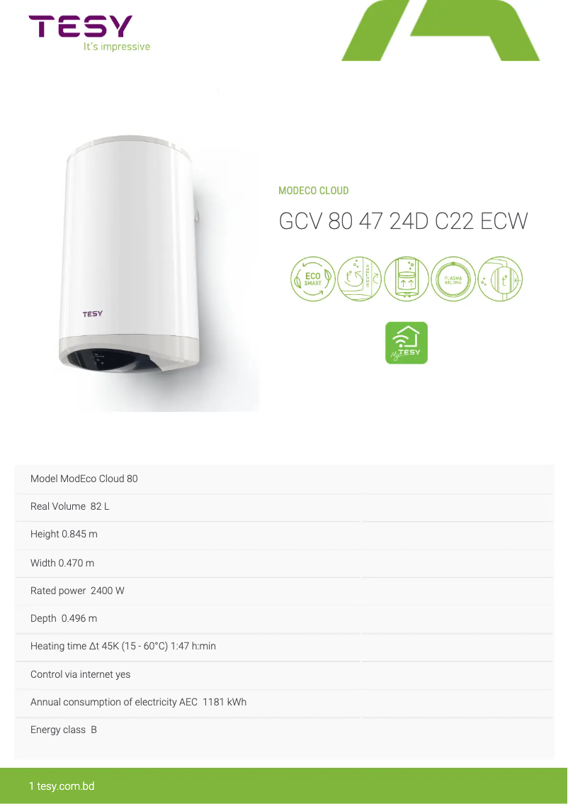 Page 1 de la notice Manuel utilisateur Tesy ModEco Cloud 80