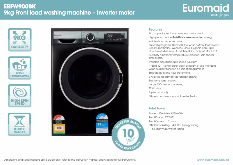 Page n°1 - Fiche technique Euromaid EBFW900BK