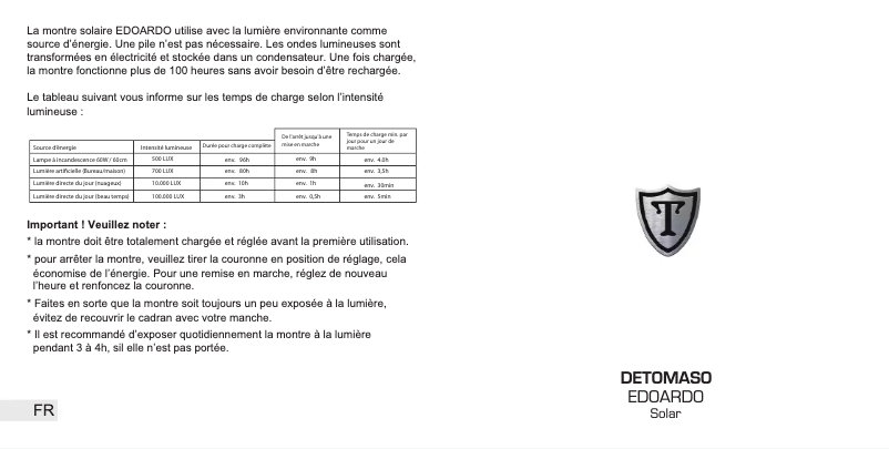 Page 1 de la notice Manuel utilisateur Detomaso Edoardo Solar