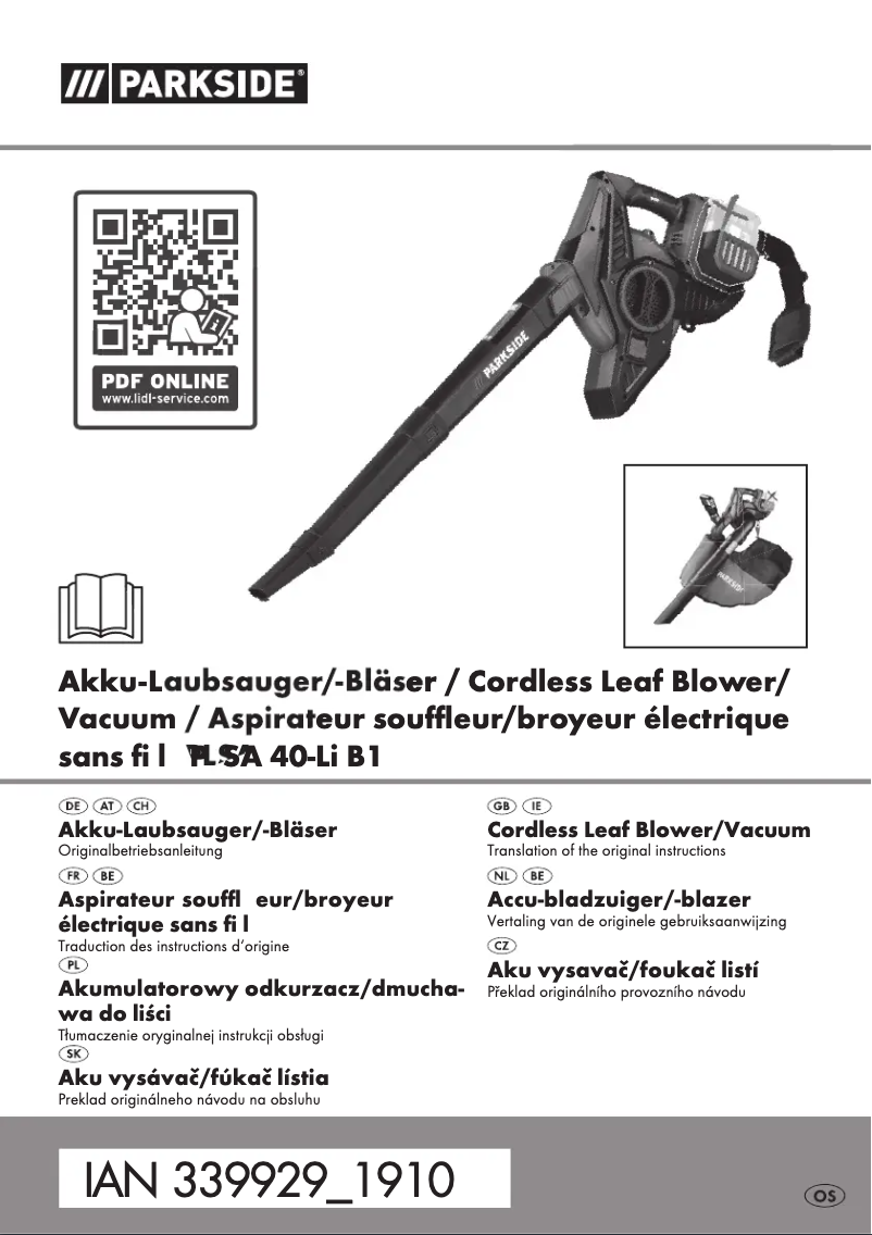 Page 1 de la notice Manuel utilisateur Parkside PLSA 40-Li B1