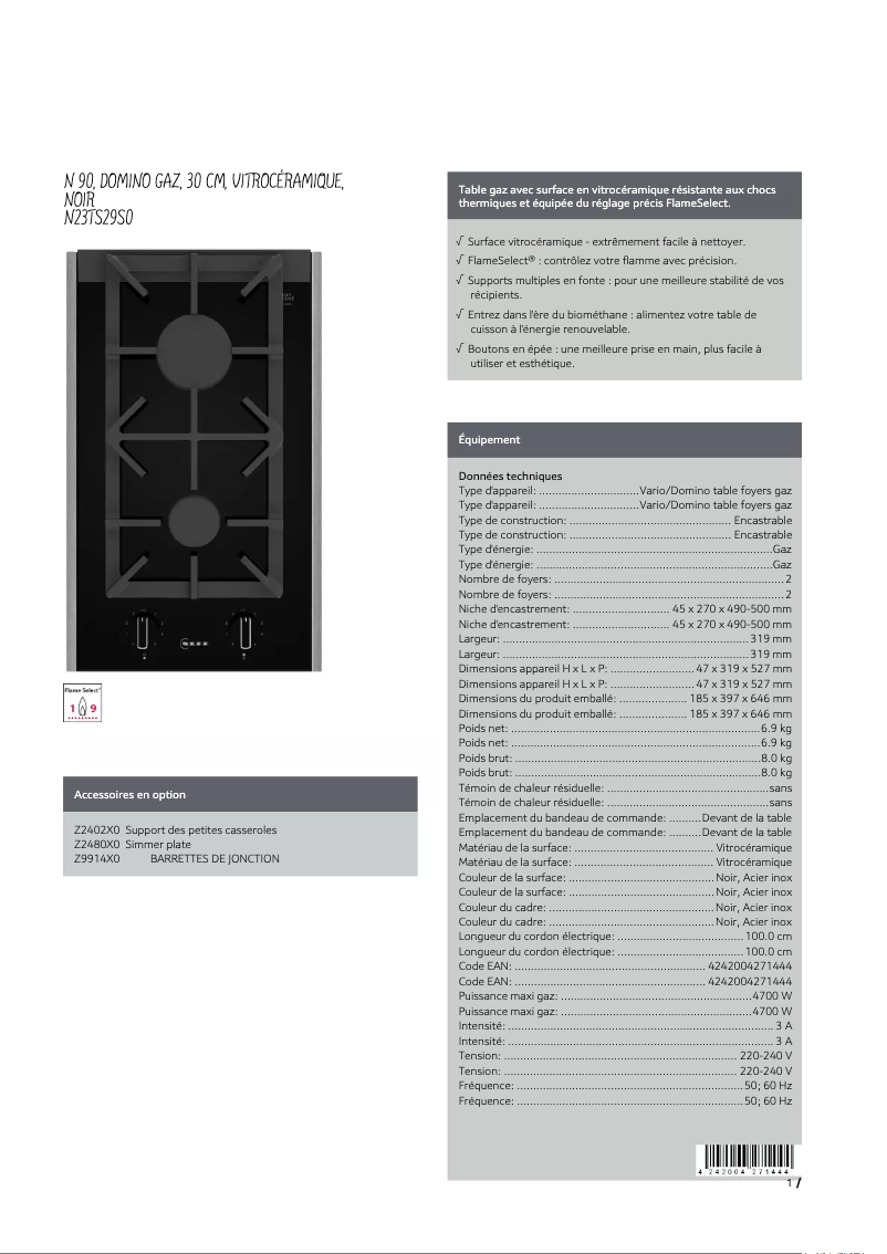 Page n°1 - Fiche technique Neff N23TS29S0