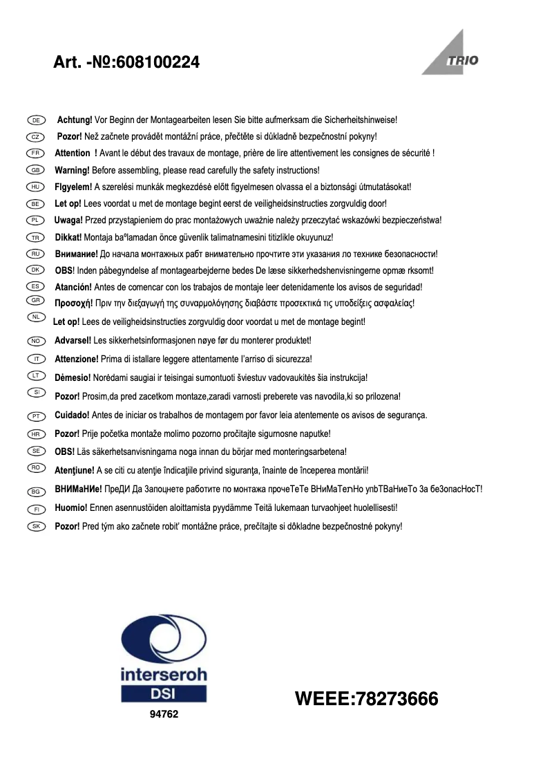 Page 1 de la notice Manuel utilisateur Trio Lighting Quinta 608100224