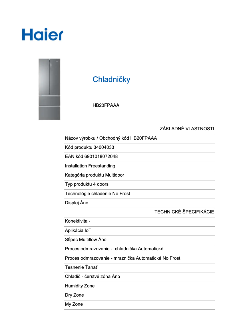 Page n°1 - Fiche technique Haier HB20FPAAA