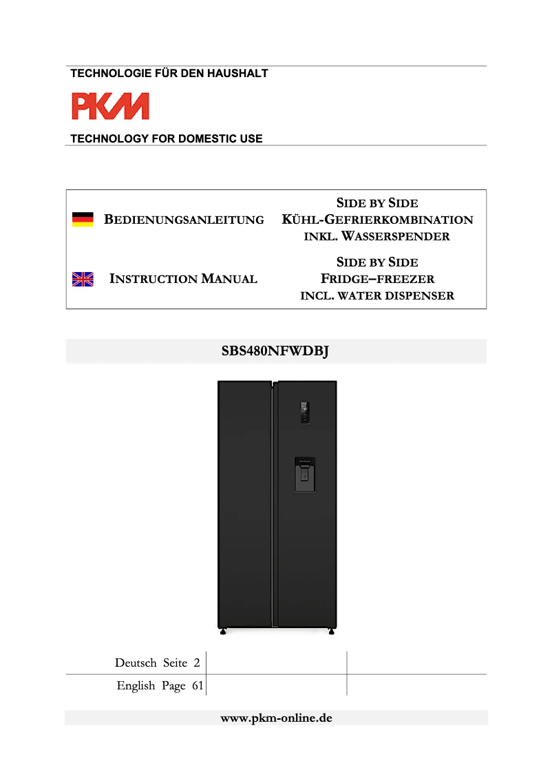 Page 1 de la notice Manuel utilisateur PKM SBS480NFWDBJ