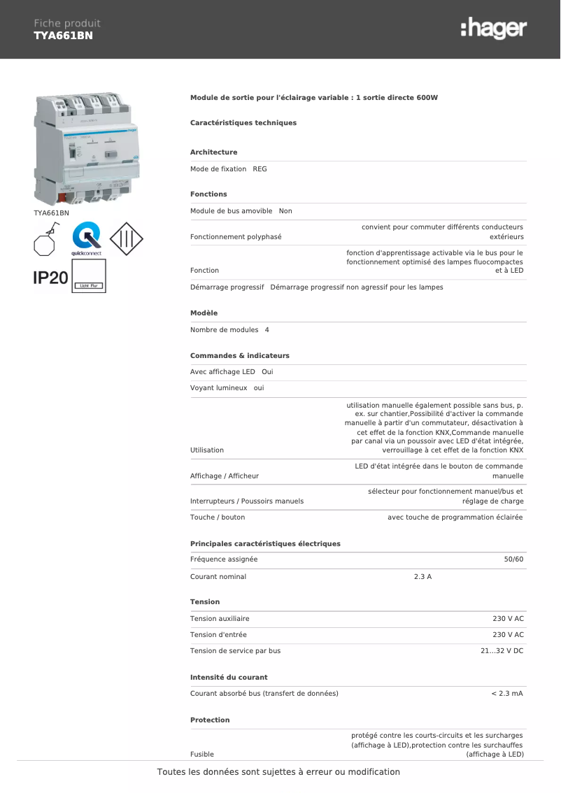 Page 1 de la notice Fiche technique Hager TYA661BN