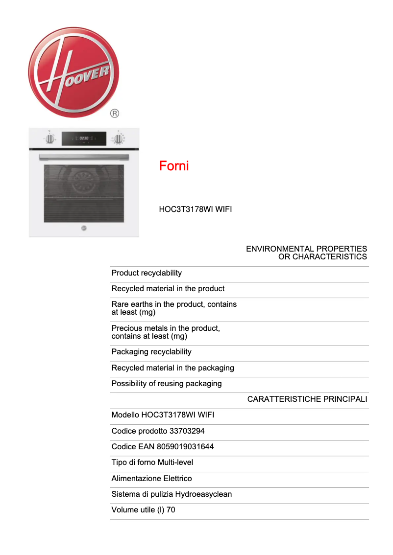 Page n°1 - Fiche technique Hoover HOC3T3178WI WIFI