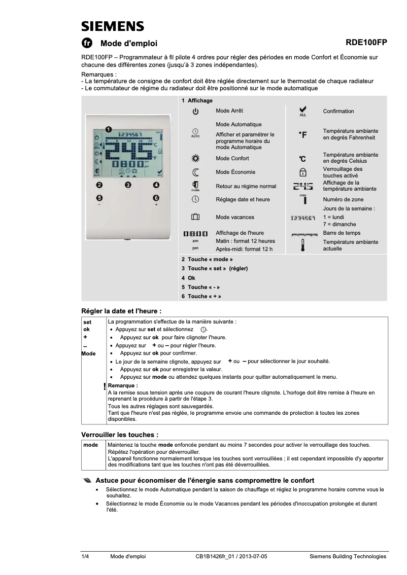 Page 1 de la notice Manuel utilisateur Siemens RDE100FP