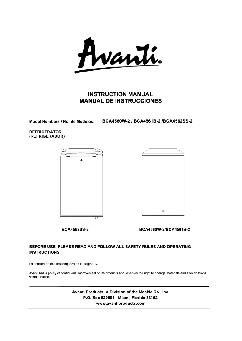 Page 1 de la notice Manuel utilisateur Avanti BCA4562SS