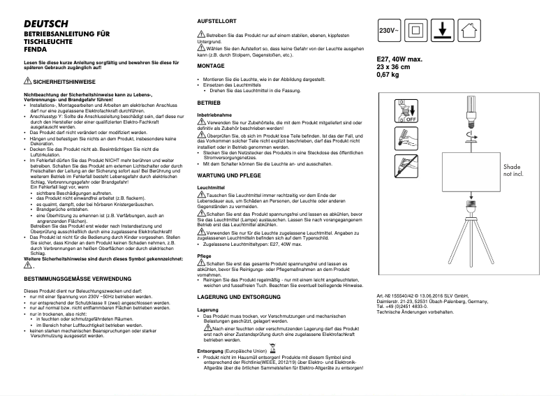 Page n°1 - Manuel utilisateur SLV Fenda