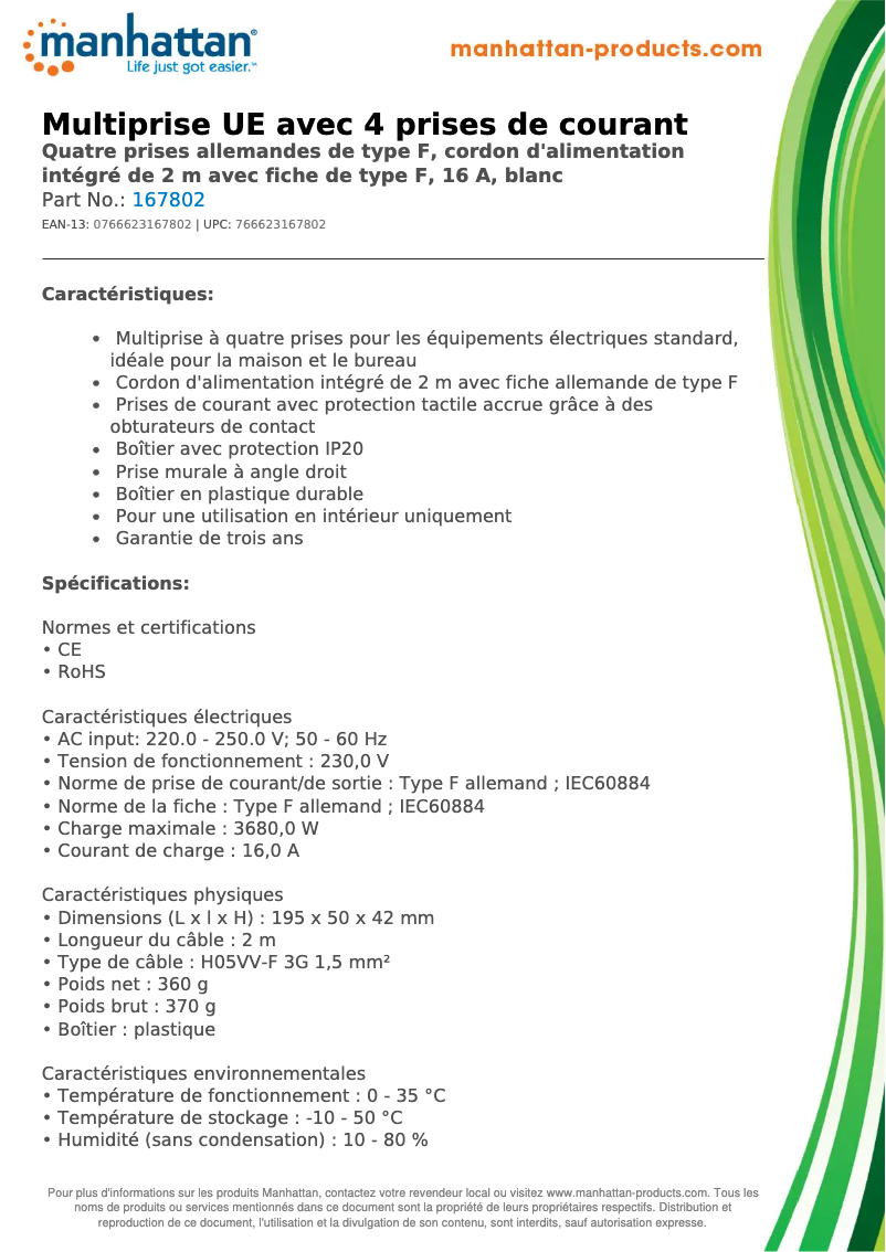 Page 1 de la notice Fiche technique Manhattan 167802
