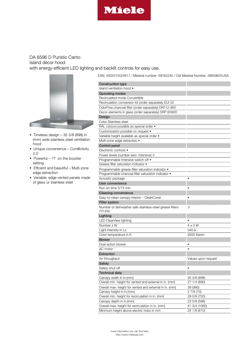 Page n°1 - Fiche technique Miele DA 6596 D