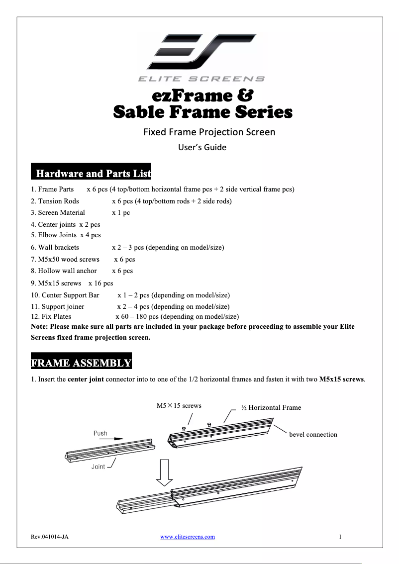 Page n°1 - Manuel utilisateur Elite Screens SableFrame ER85WH1-WIDE