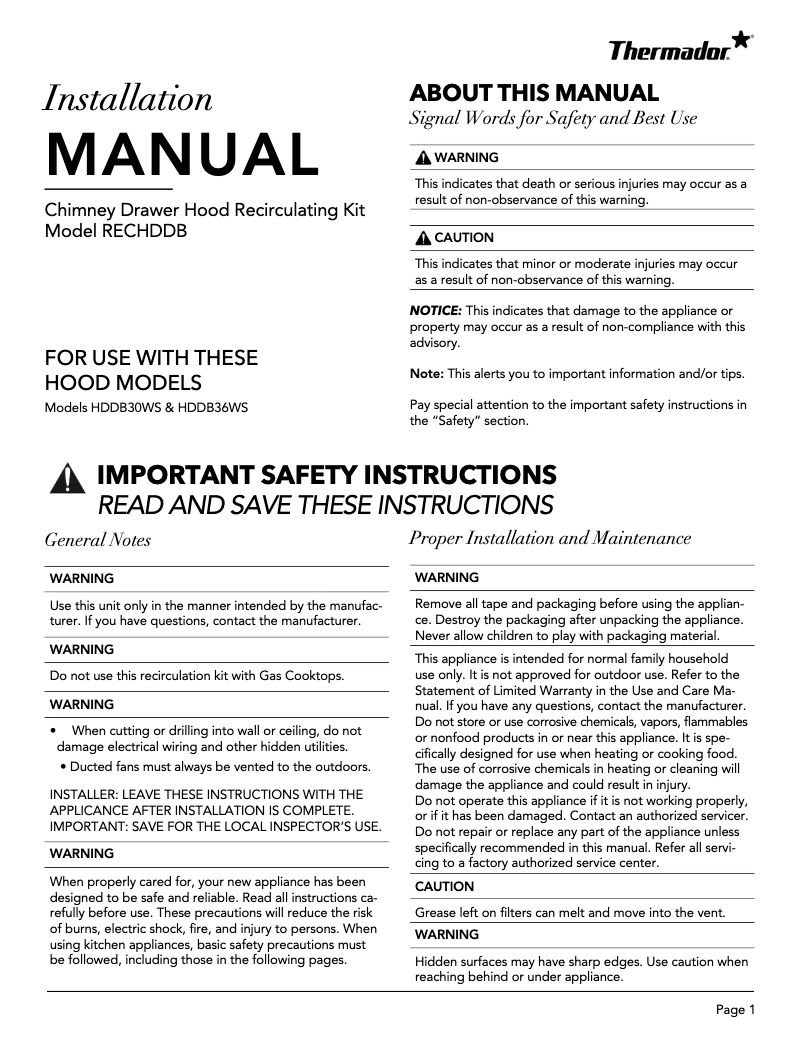 Page 1 de la notice Guide d'installation Thermador RECHDDB