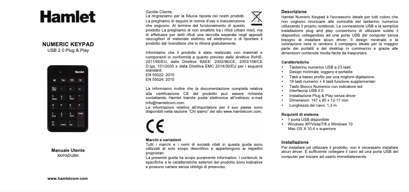 Page 1 de la notice Manuel utilisateur Hamlet XKPADUBK