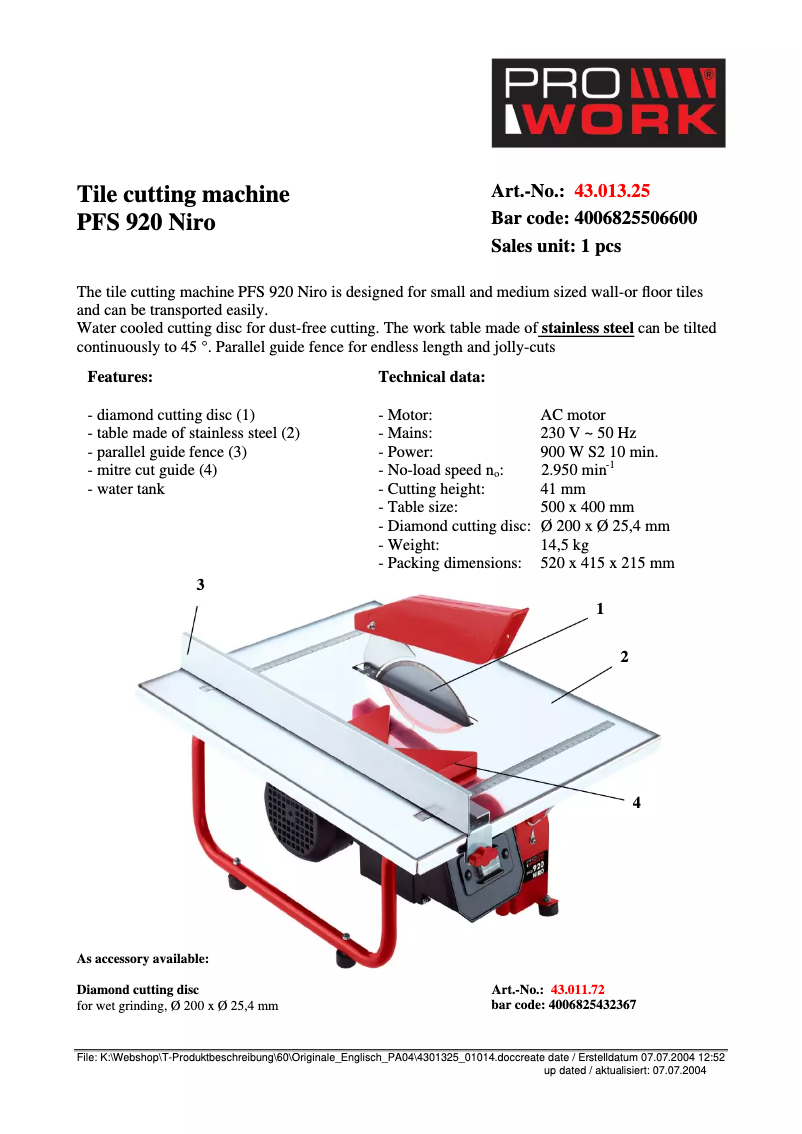 Page 1 de la notice Fiche technique Prowork PFS 920 Niro