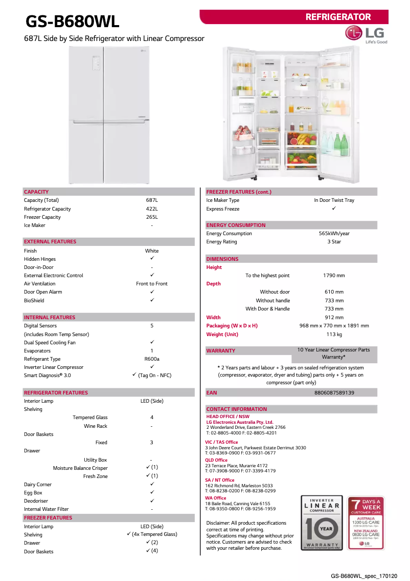Page 1 de la notice Fiche technique LG GS-B680WL