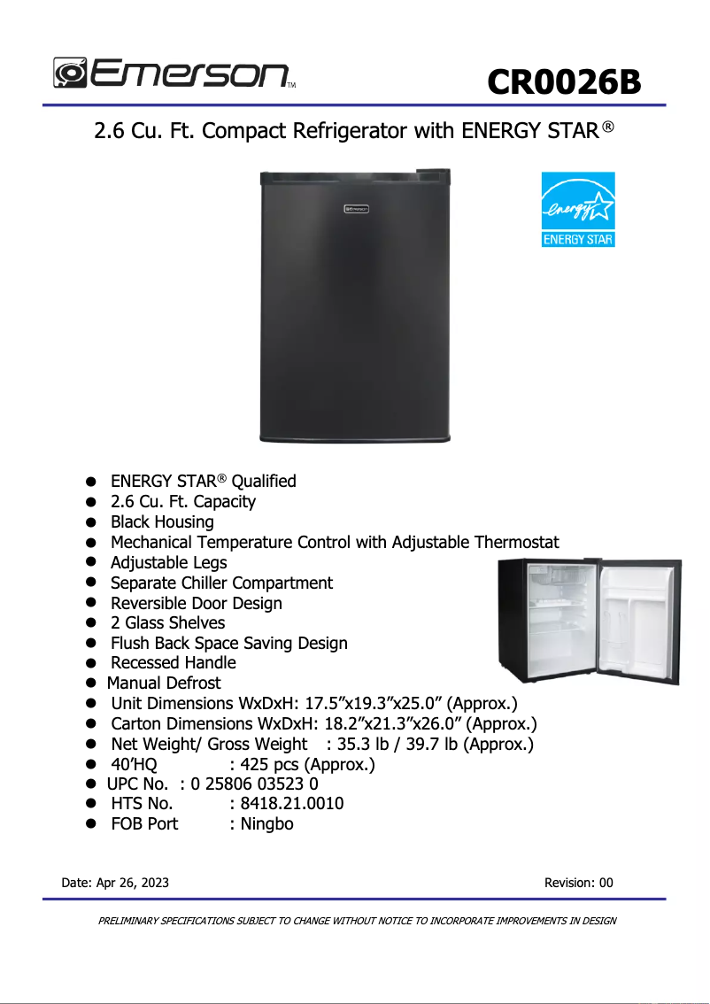 Page n°1 - Fiche technique Emerson CR0026B