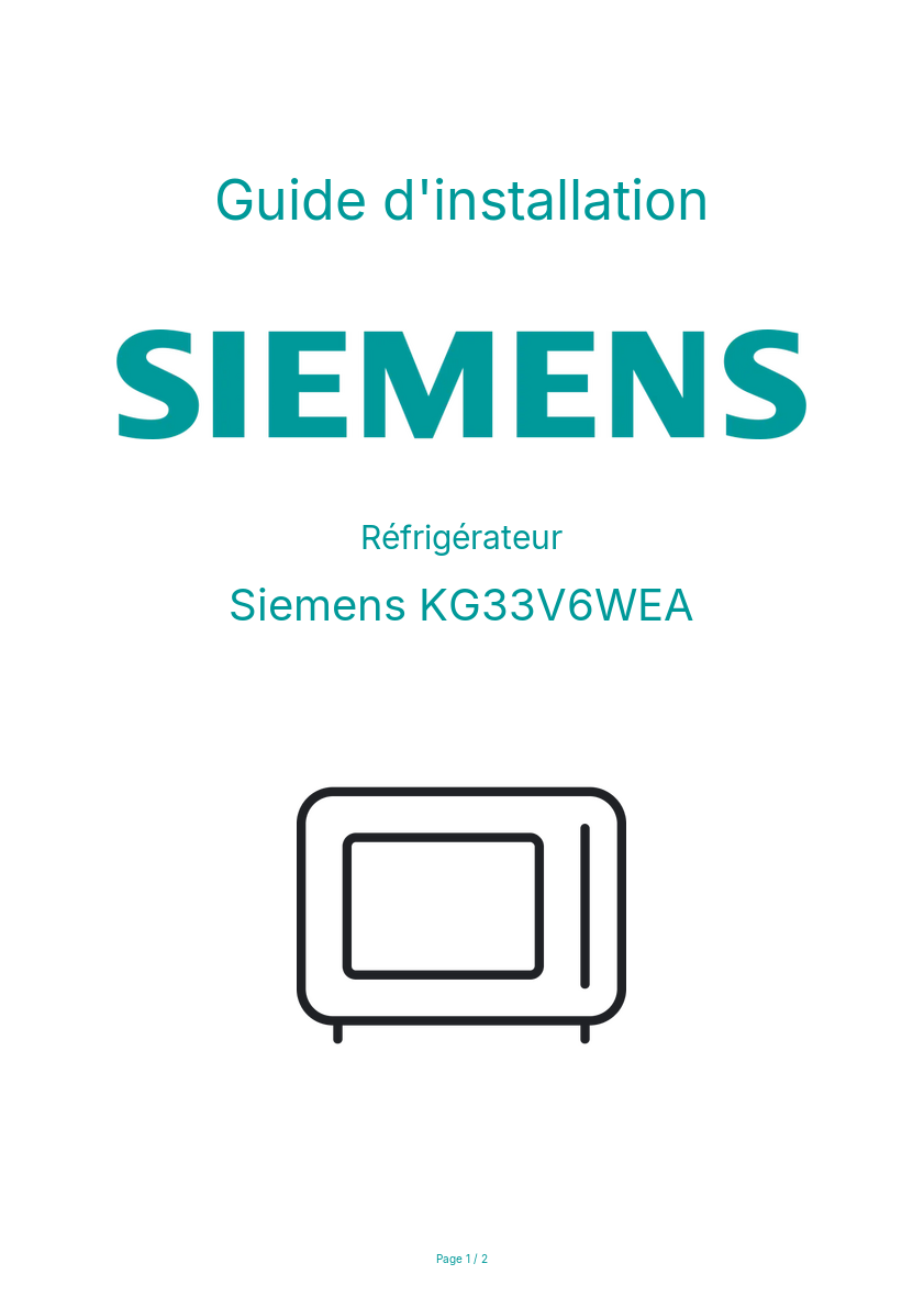 Page n°1 - Guide d'installation Siemens KG33V6WEA