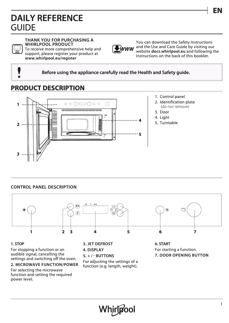Page 1 de la notice Manuel d'utilisation et d'entretien Whirlpool AMW 440/IX