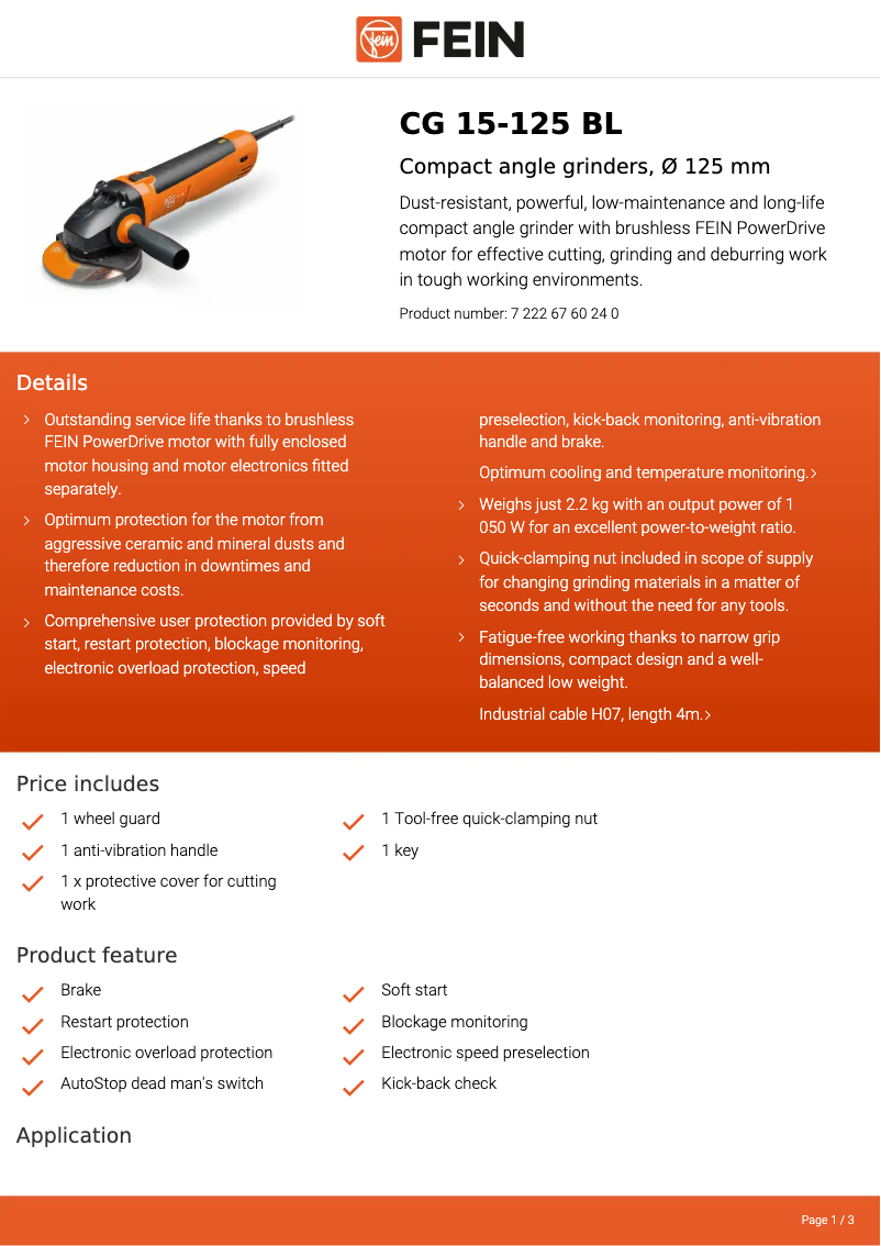 Page n°1 - Fiche technique Fein CG 15-125 BL