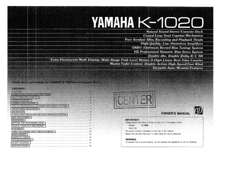 Page 1 de la notice Manuel utilisateur Yamaha K-1020