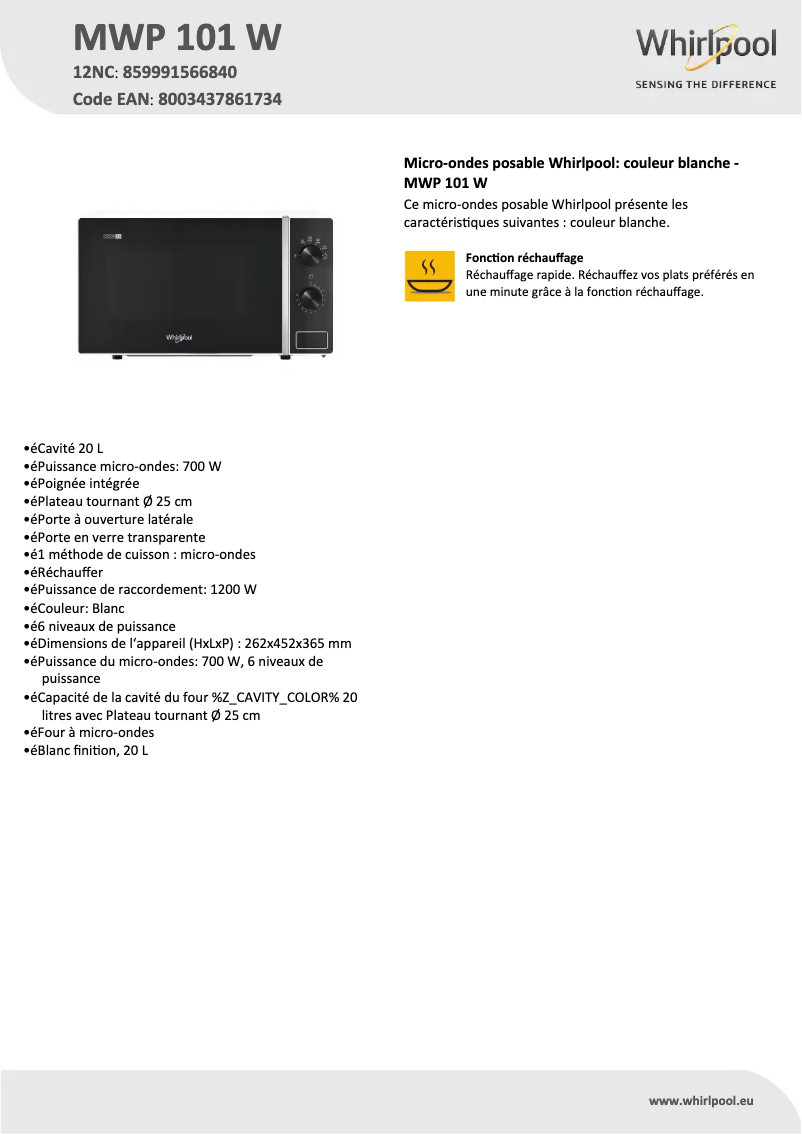 Page 1 de la notice Fiche technique Whirlpool MWP 101 W