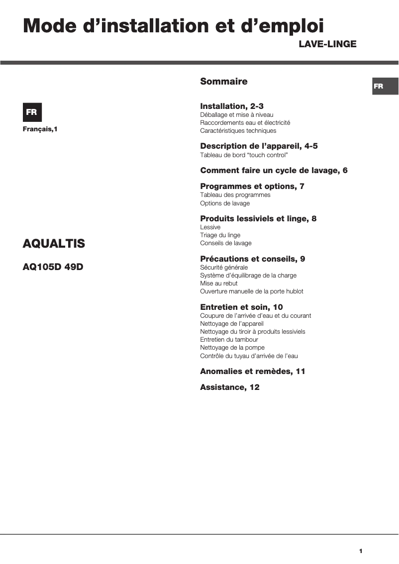 Imagen de la primera página del manual del dispositivo AQ105D 49D FR