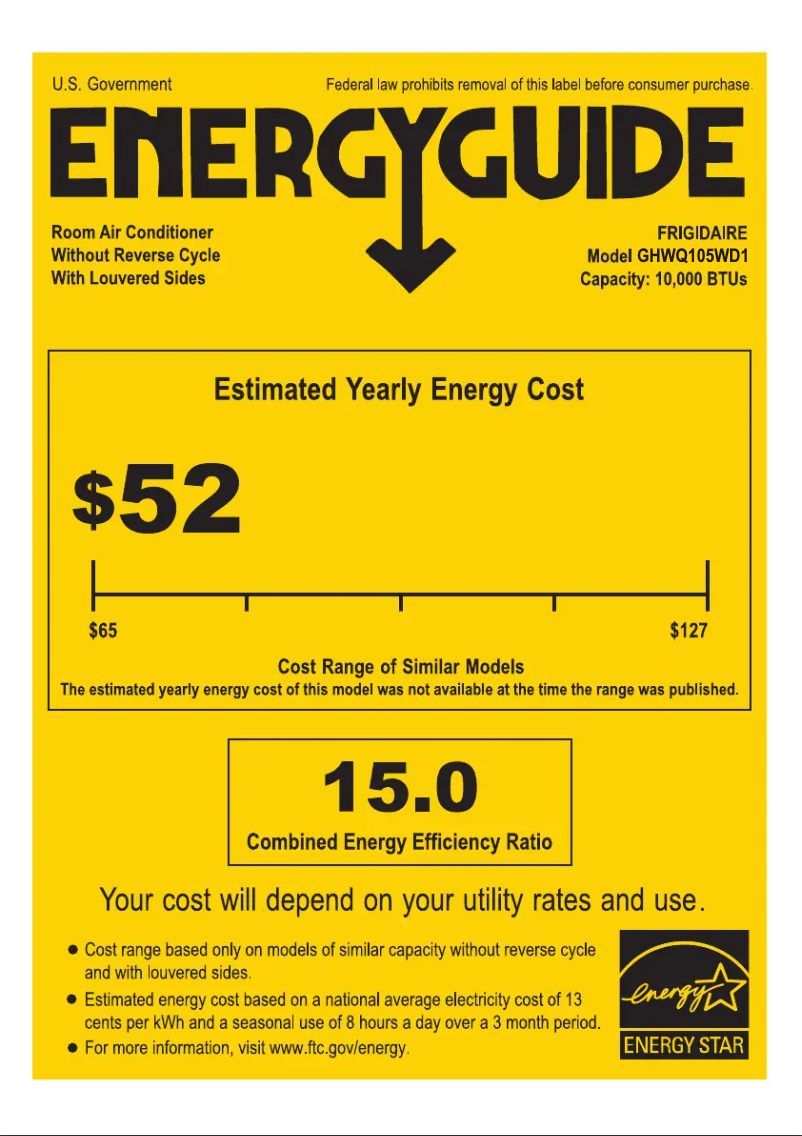 Page 1 de la notice Label énergétique Frigidaire GHWQ105WD1