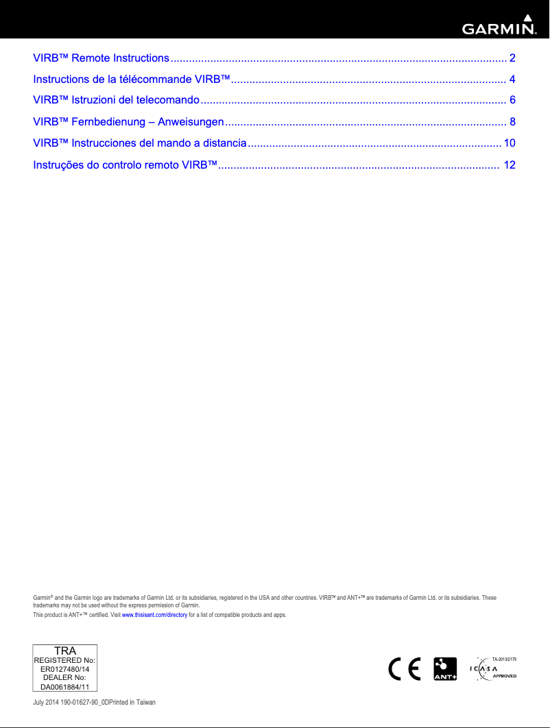 Imagen de la primera página del manual del dispositivo VIRB Remote