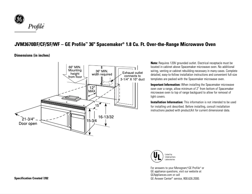 Page 1 de la notice Fiche technique GE JVM3670SF