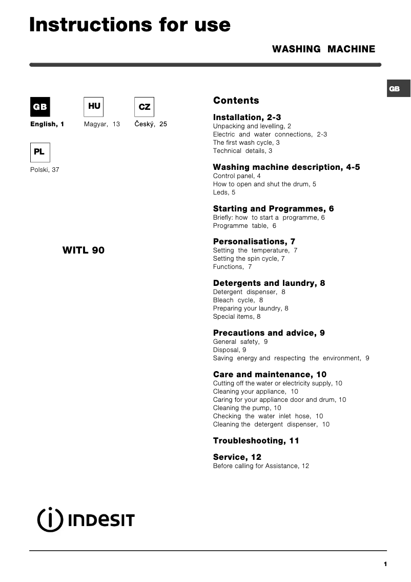 Page n°1 - Manuel utilisateur Indesit WITL 90