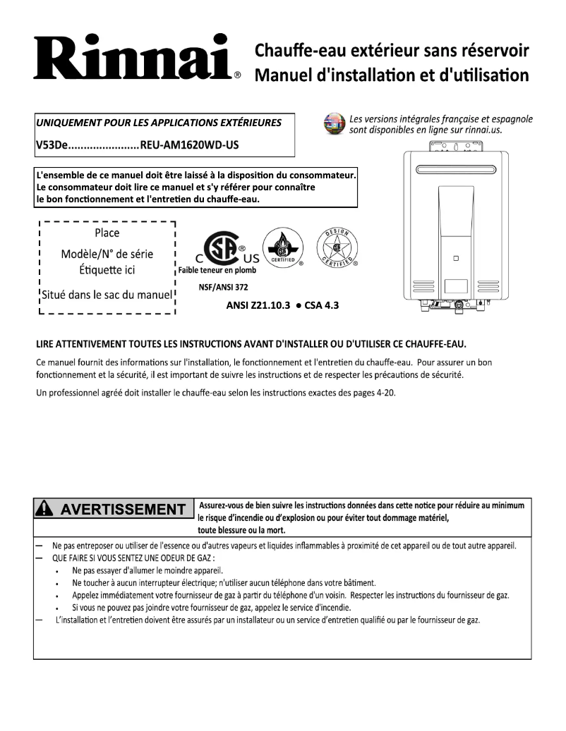 Page 1 de la notice Guide d'installation Rinnai V53DeN