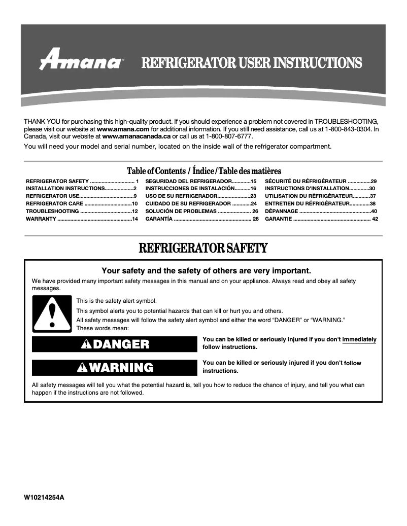 Page 1 de la notice Manuel utilisateur Amana A8TXNGFXW